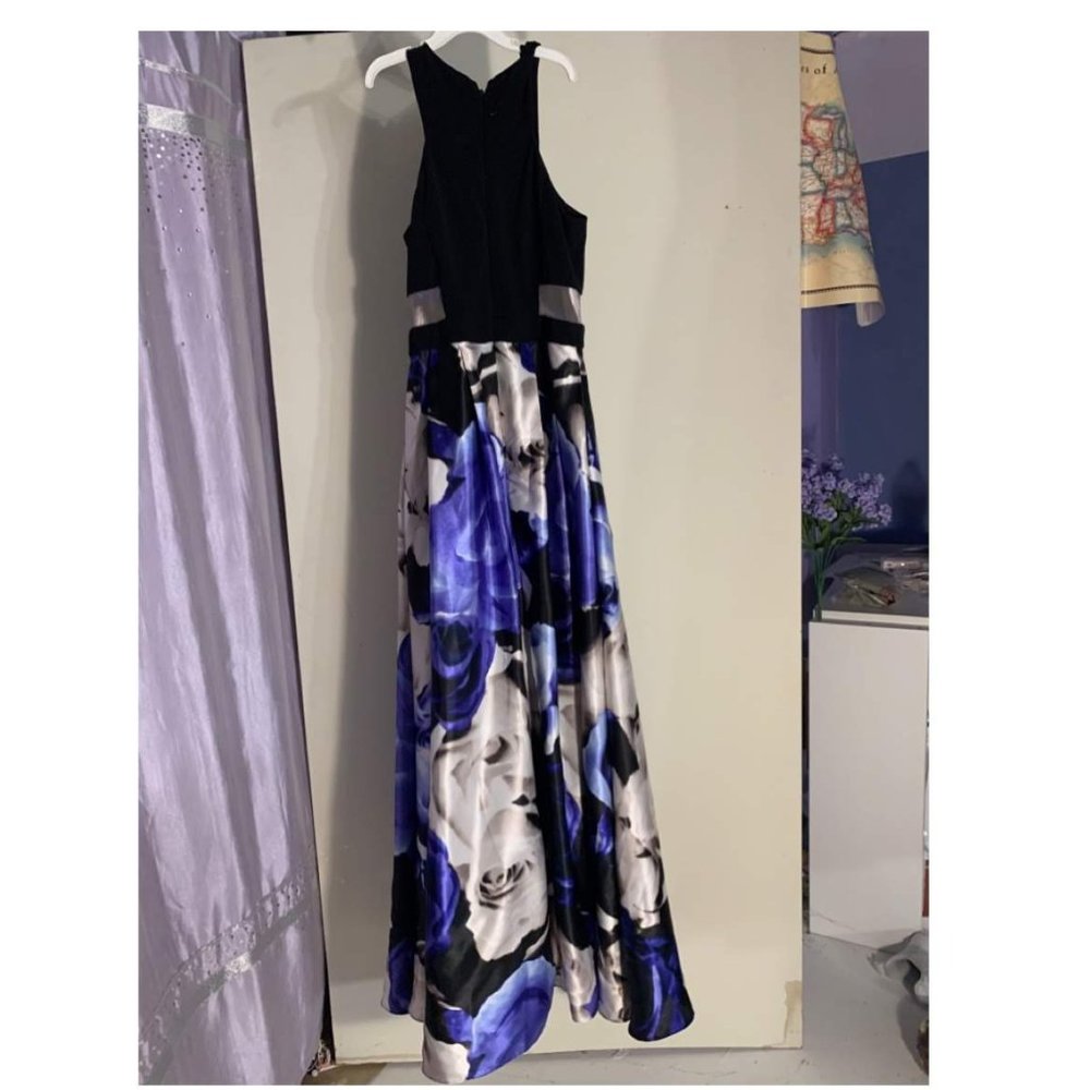 Blue, Black and White Rose Prom Dress